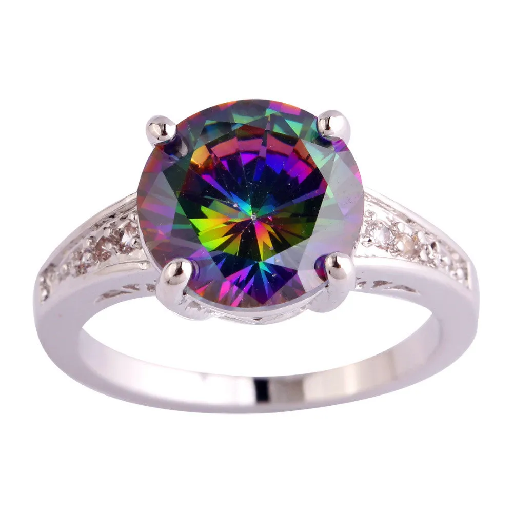 Engagement Bridal Round Cut Rainbow & White Sapphire Silver Ring Women Jewelry