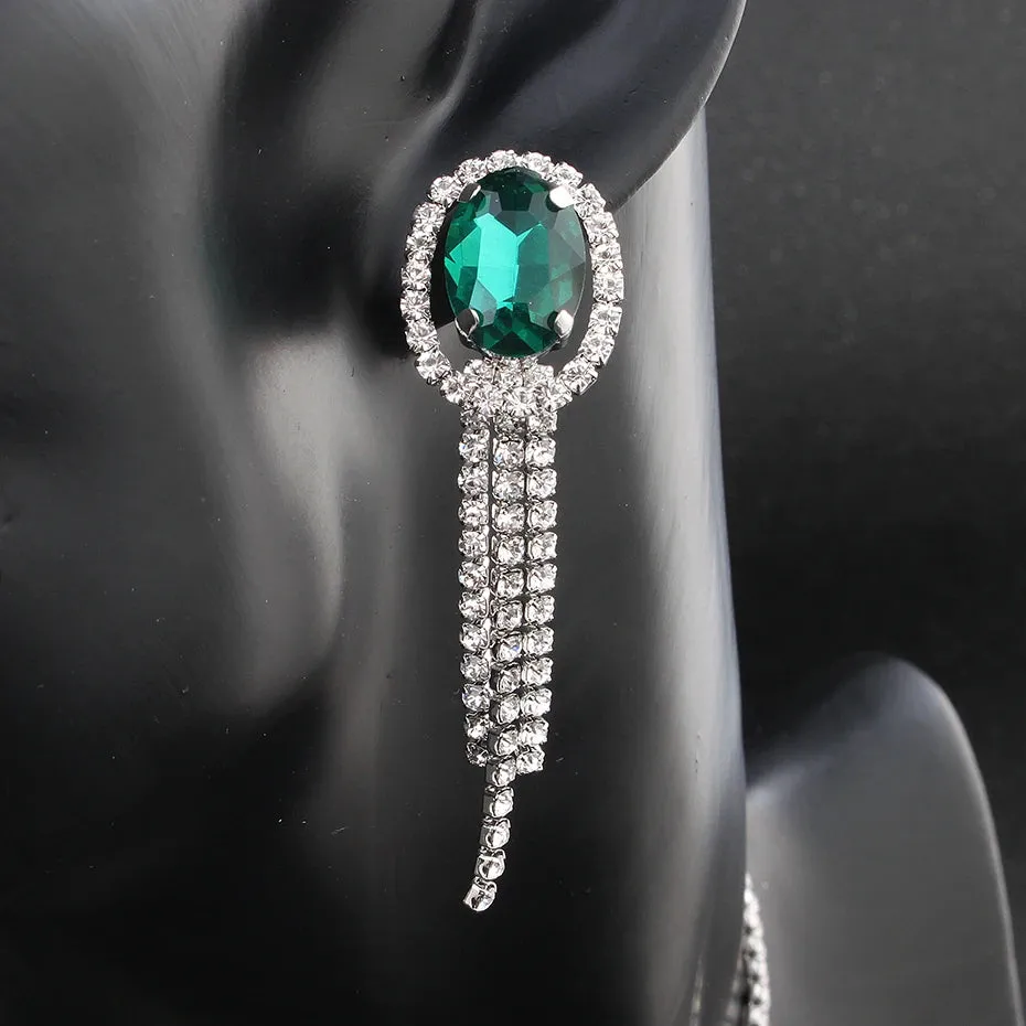 Fashion Green Crystal Zircon Stone Jewelry Set Tassel Necklace & Pendants Earrings