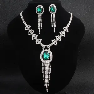 Fashion Green Crystal Zircon Stone Jewelry Set Tassel Necklace & Pendants Earrings