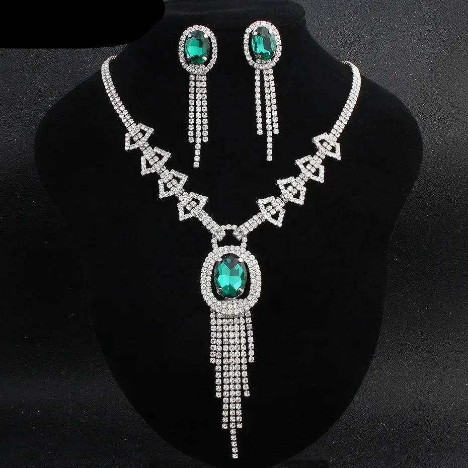 Fashion Green Crystal Zircon Stone Jewelry Set Tassel Necklace & Pendants Earrings