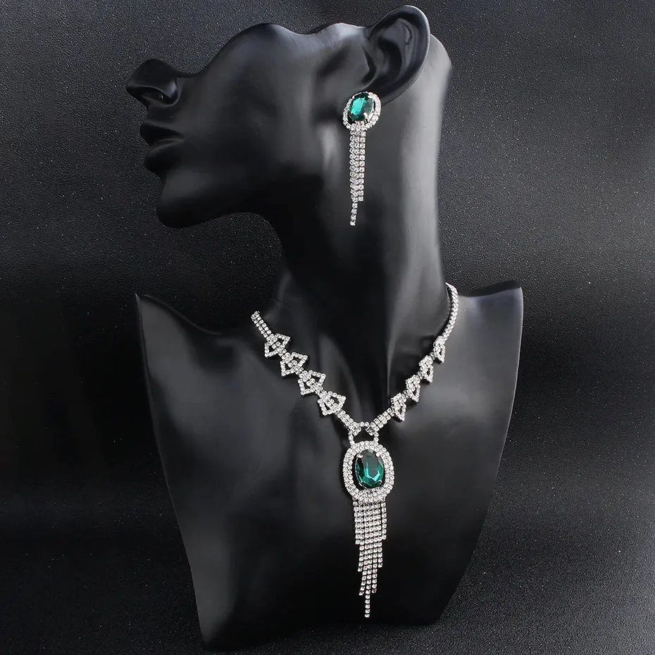 Fashion Green Crystal Zircon Stone Jewelry Set Tassel Necklace & Pendants Earrings