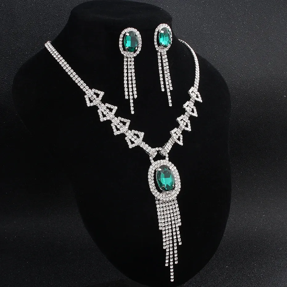 Fashion Green Crystal Zircon Stone Jewelry Set Tassel Necklace & Pendants Earrings