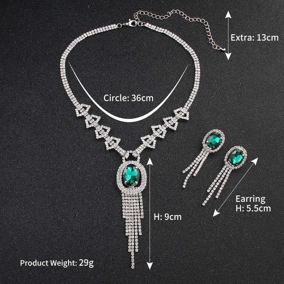 Fashion Green Crystal Zircon Stone Jewelry Set Tassel Necklace & Pendants Earrings