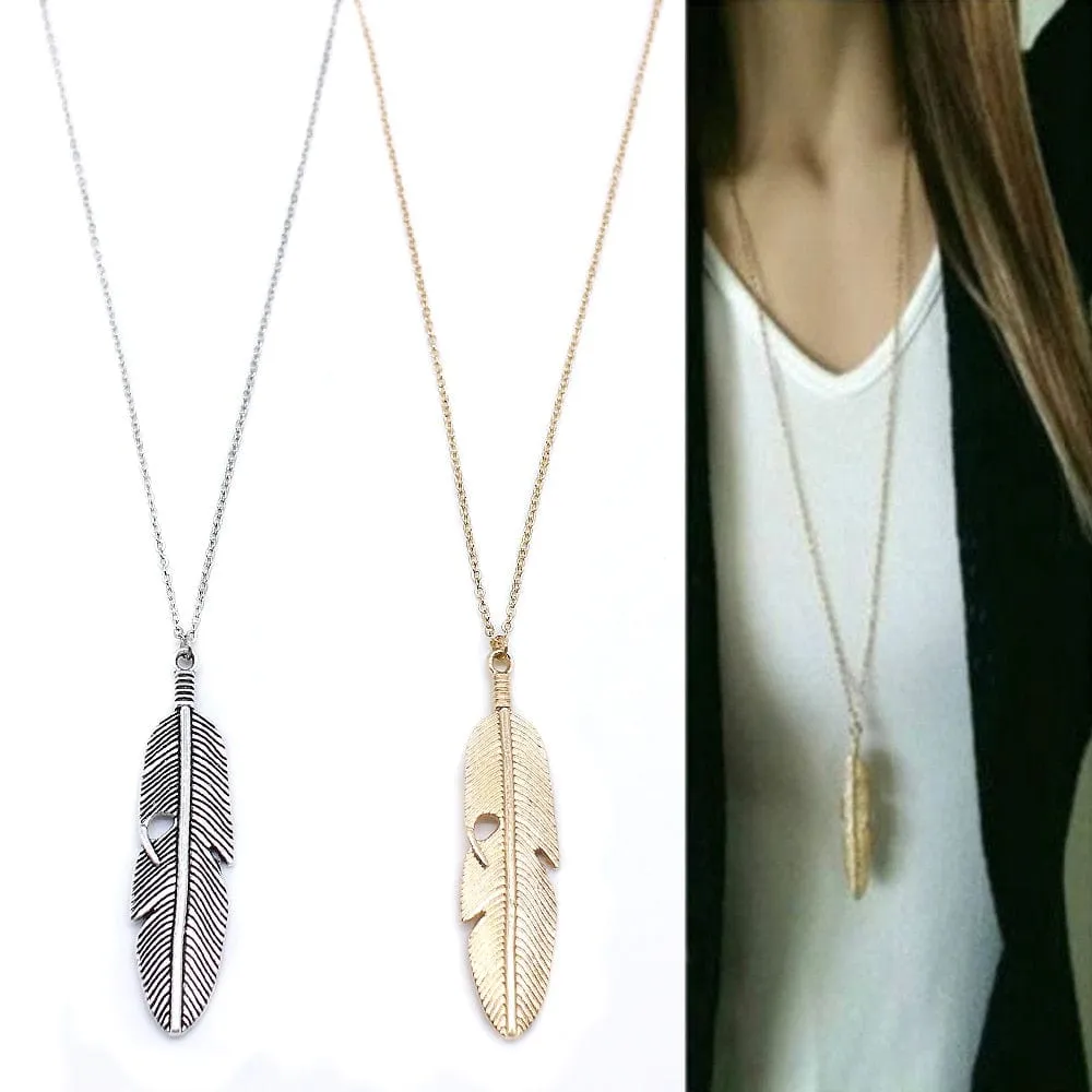 Feather Pendant Necklace - Gold or Silver