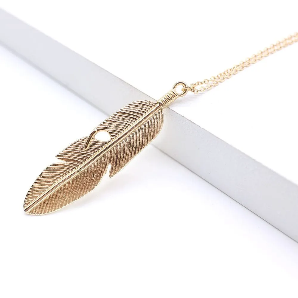 Feather Pendant Necklace - Gold or Silver