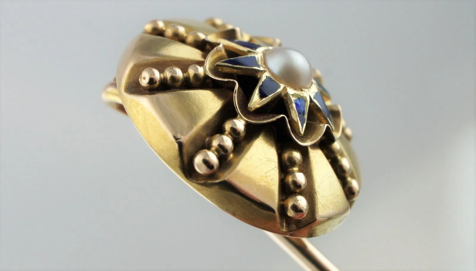 Fine Antique Victorian 9ct Gold Enamel & Pearl Stick - Tie Pin / Cravat Stick