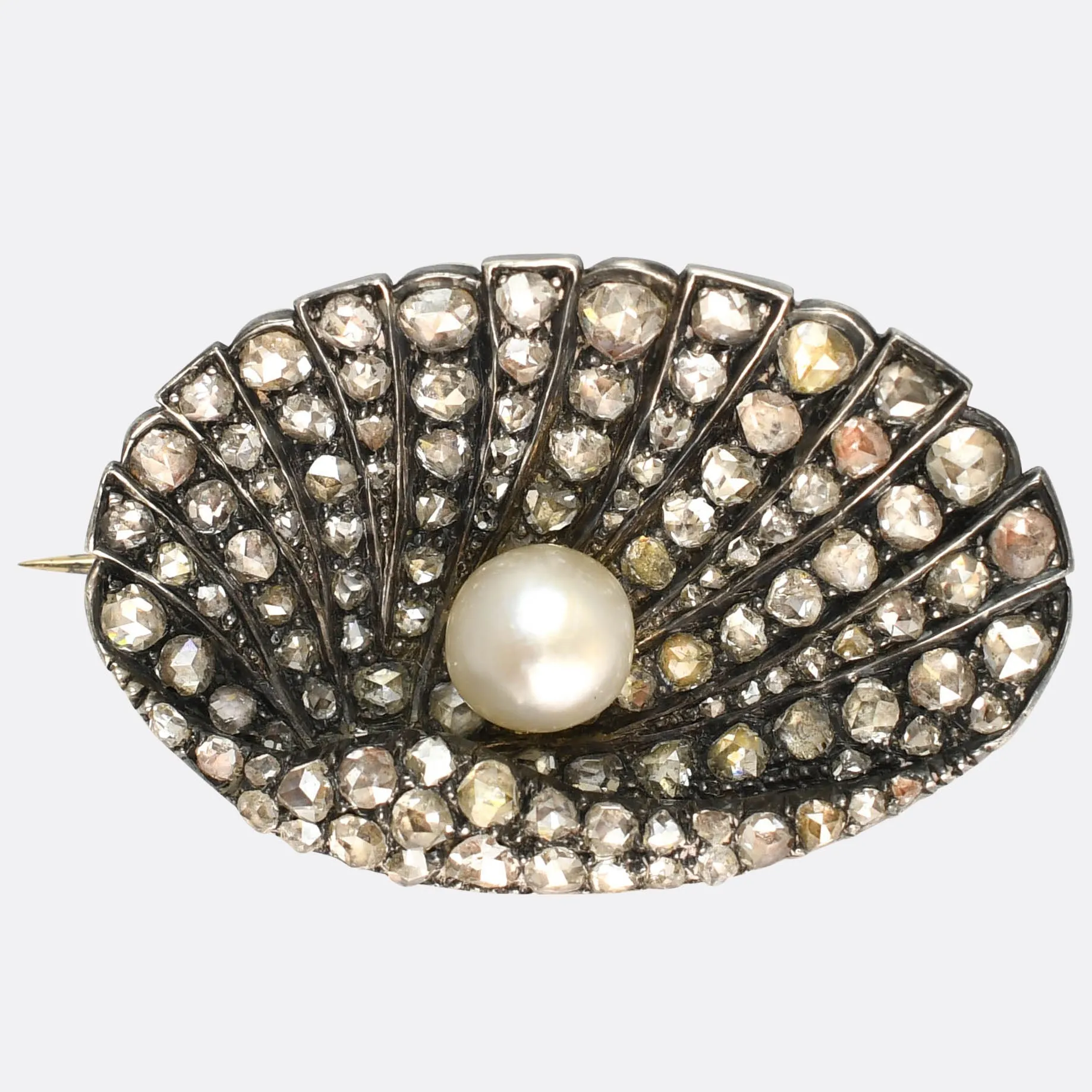 Georgian Natural Pearl & Rose Cut Diamond Oyster Brooch