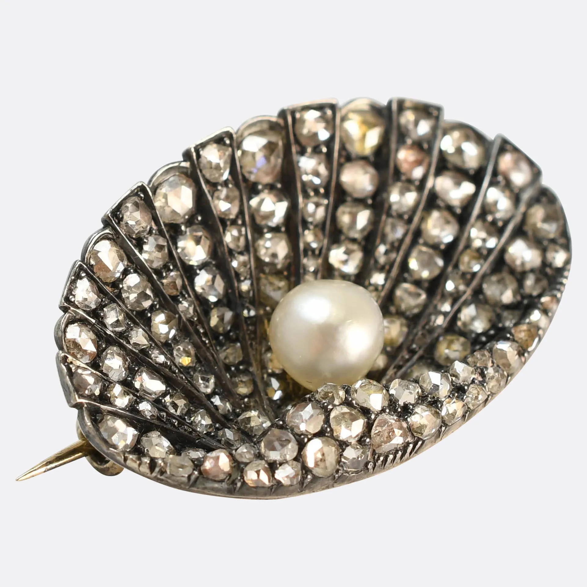 Georgian Natural Pearl & Rose Cut Diamond Oyster Brooch