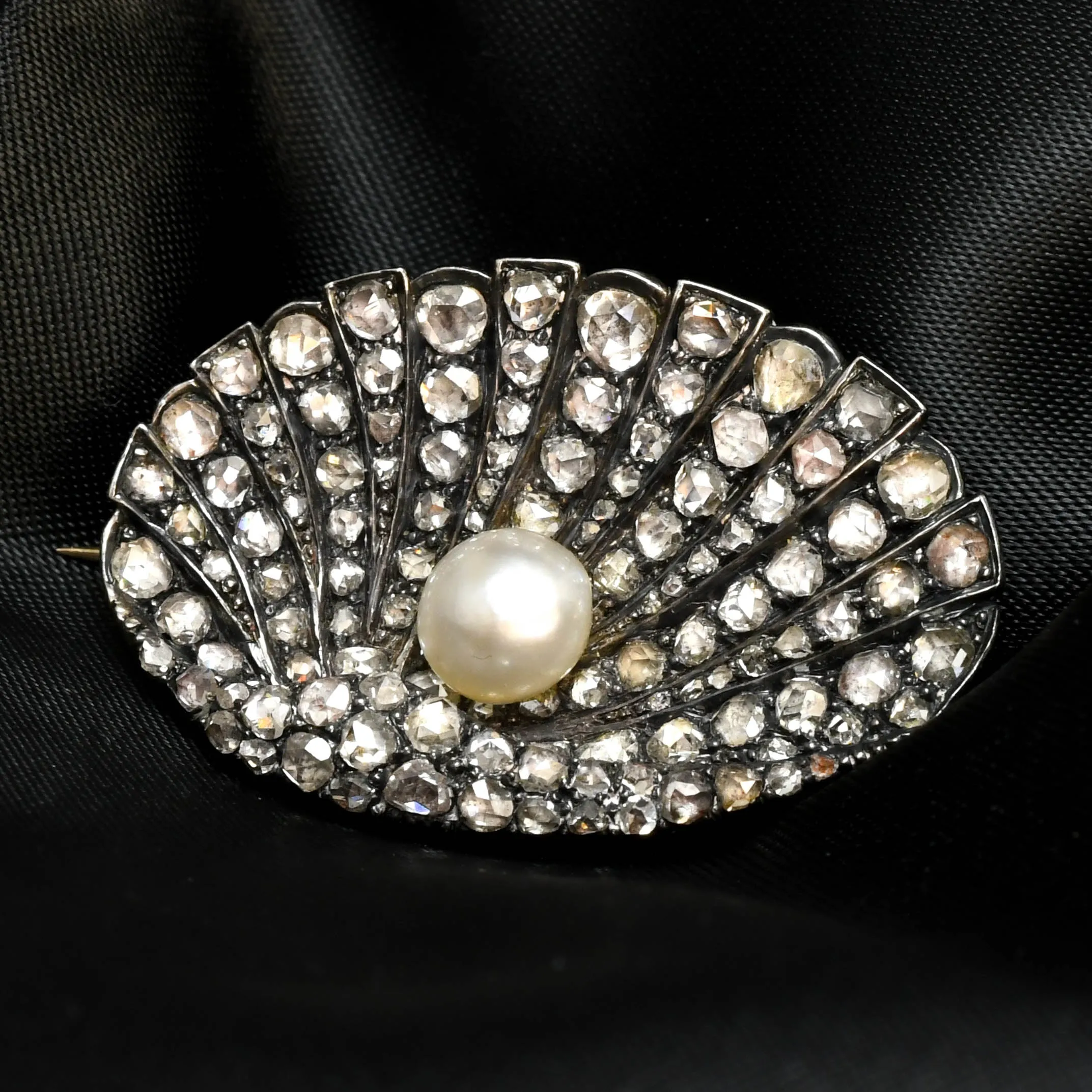 Georgian Natural Pearl & Rose Cut Diamond Oyster Brooch