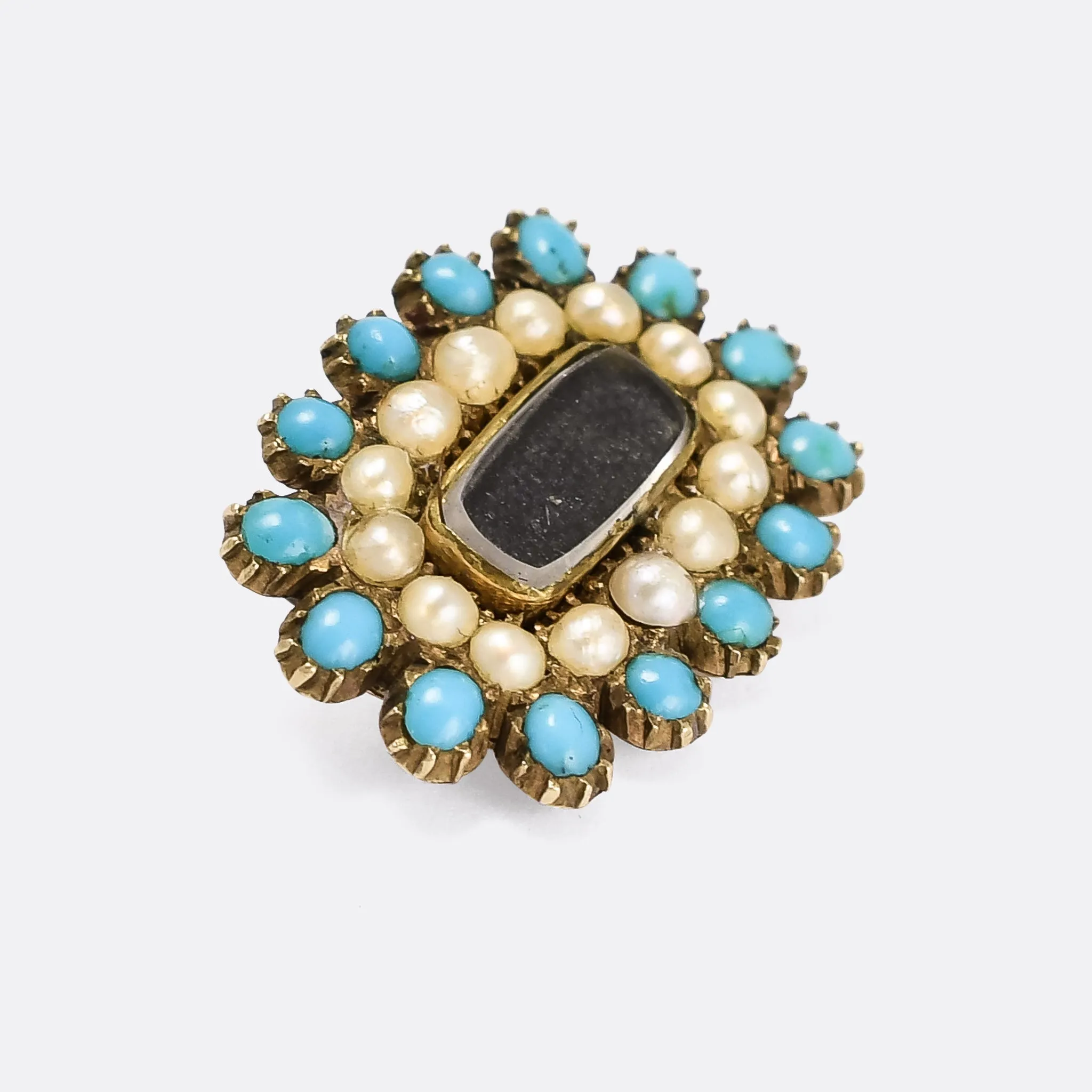 Georgian Turquoise & Pearl Locket Brooch