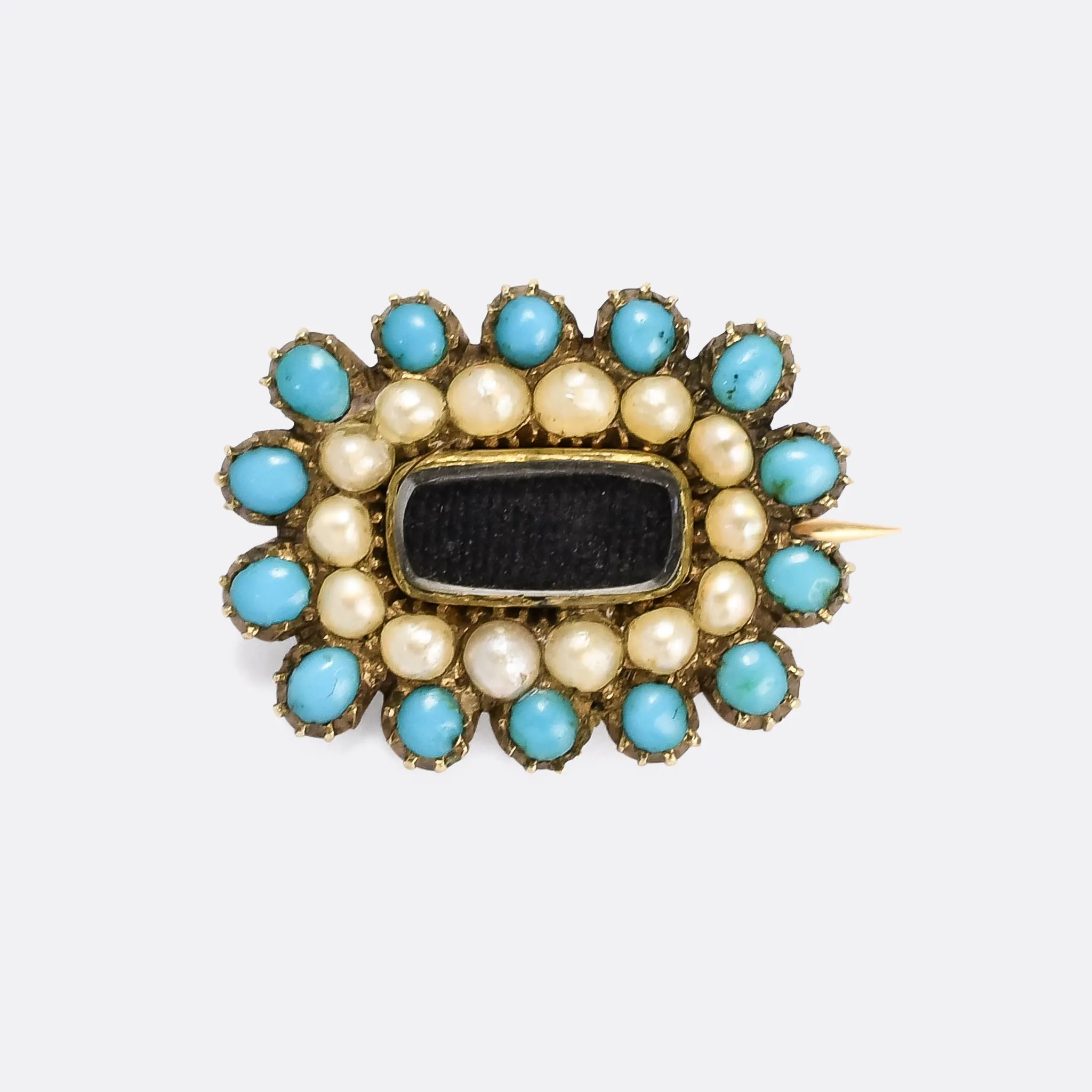 Georgian Turquoise & Pearl Locket Brooch