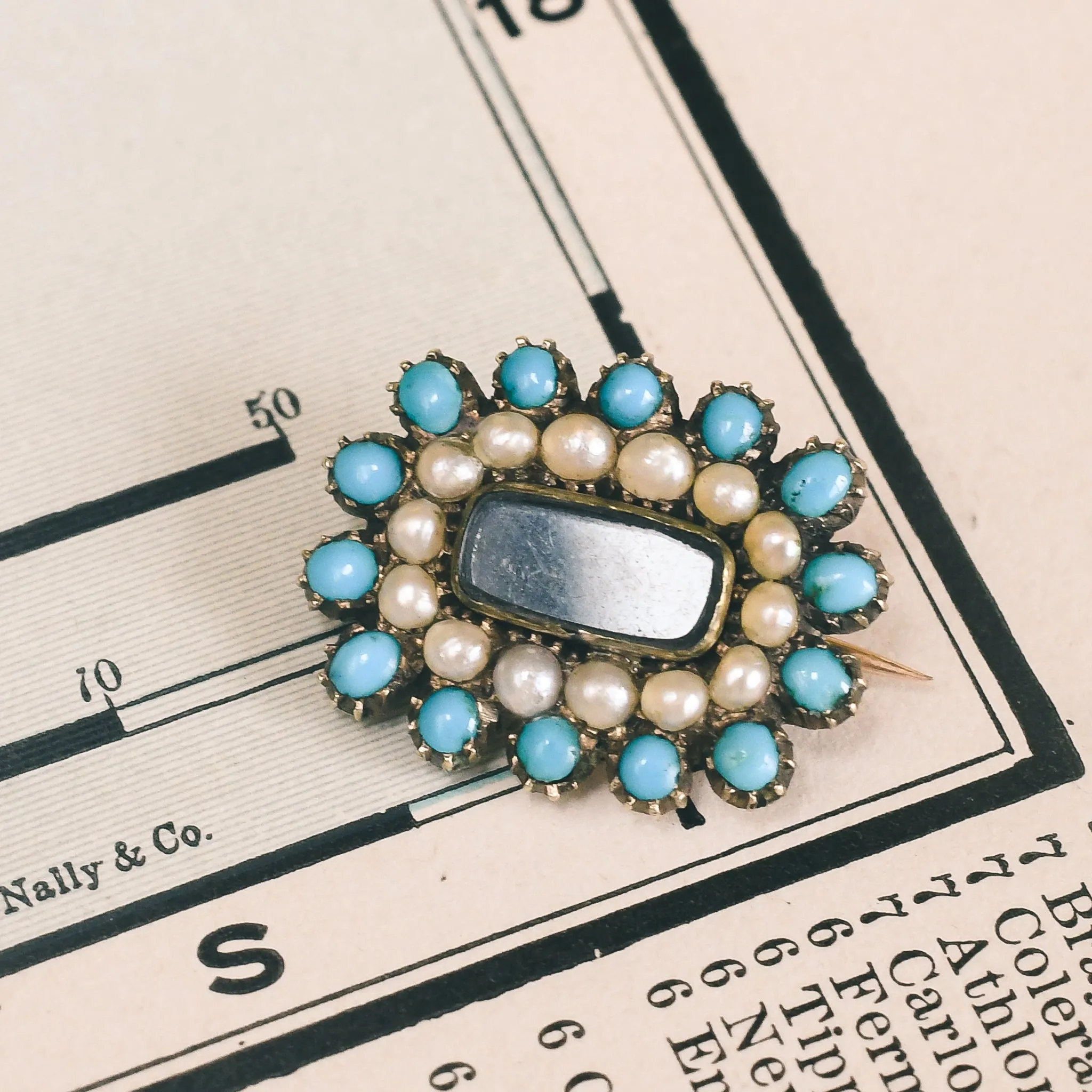 Georgian Turquoise & Pearl Locket Brooch