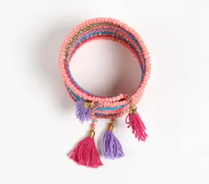 Glass Beaded & Woven Thread Tasseled Cuff Bracelet