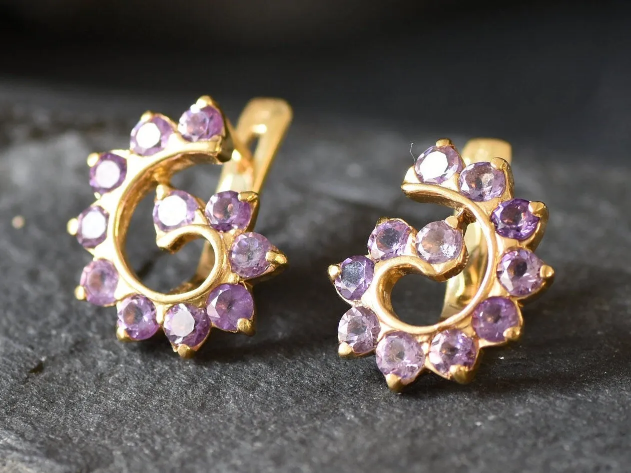 Gold Amethyst Earrings - Spiral Amethyst Earrings - Purple Swirl Earrings