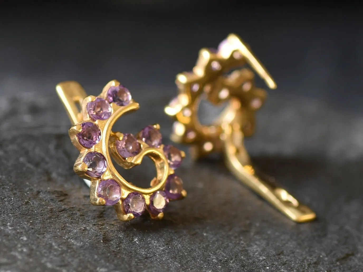 Gold Amethyst Earrings - Spiral Amethyst Earrings - Purple Swirl Earrings