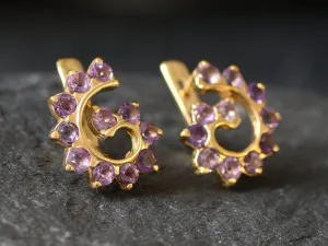 Gold Amethyst Earrings - Spiral Amethyst Earrings - Purple Swirl Earrings