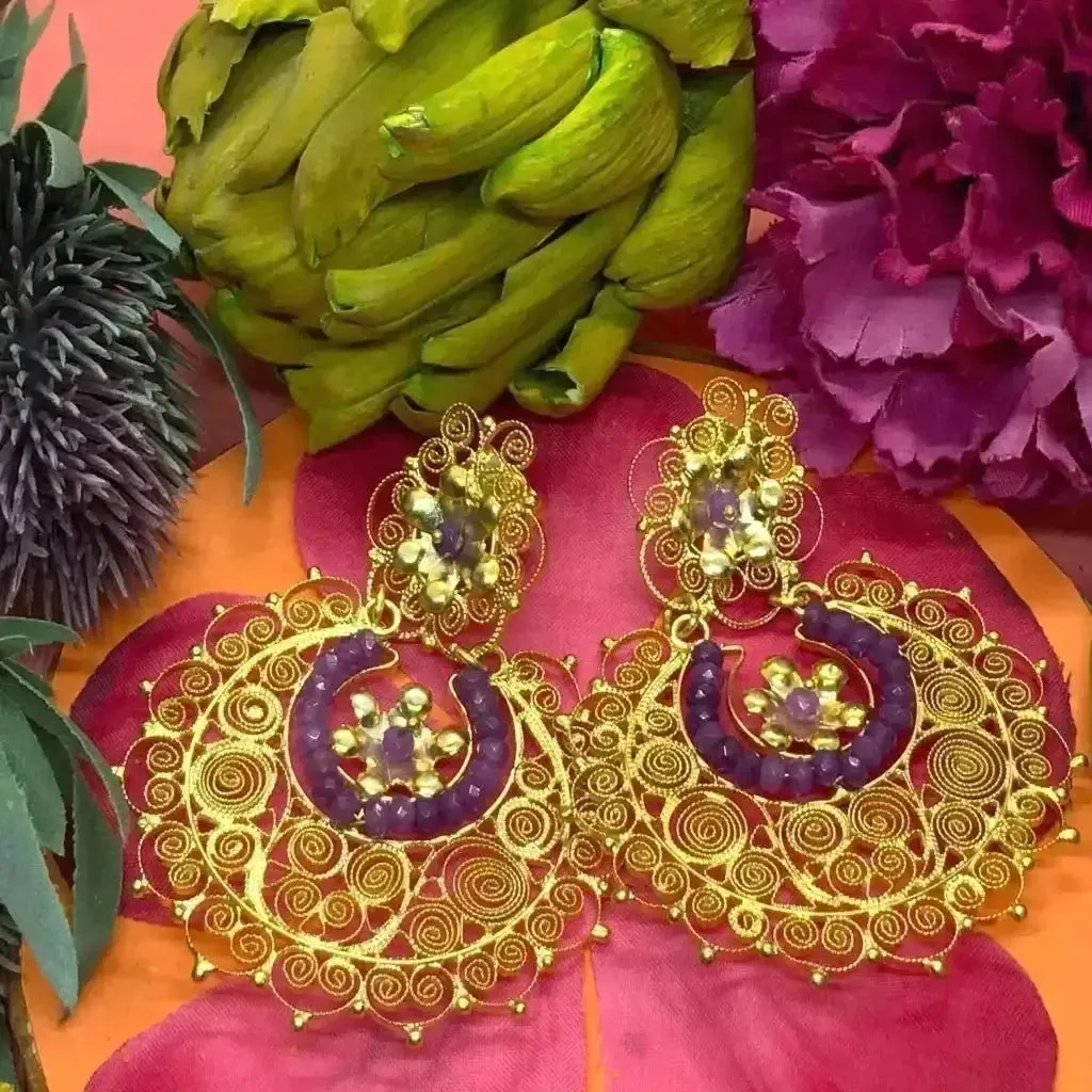 Gold Oaxacan filigree earrings with amethyst