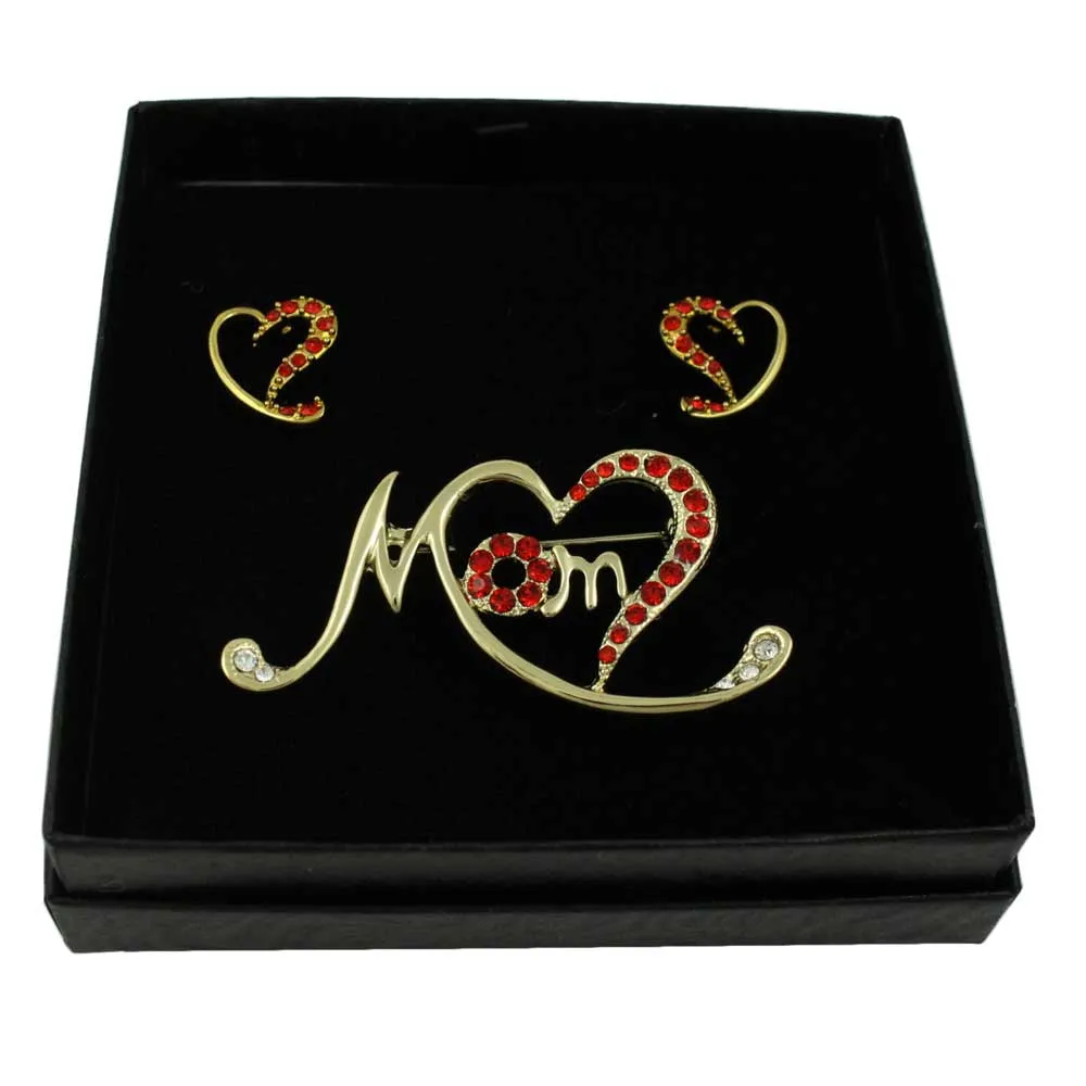 Gold Stylized Red Crystal Heart MOM Pin and Earring Set - PRF323BS