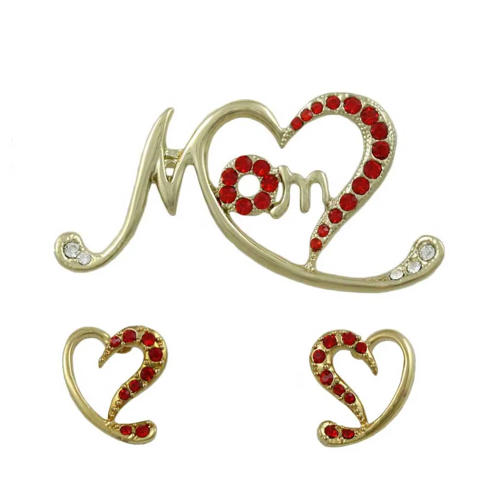 Gold Stylized Red Crystal Heart MOM Pin and Earring Set - PRF323BS