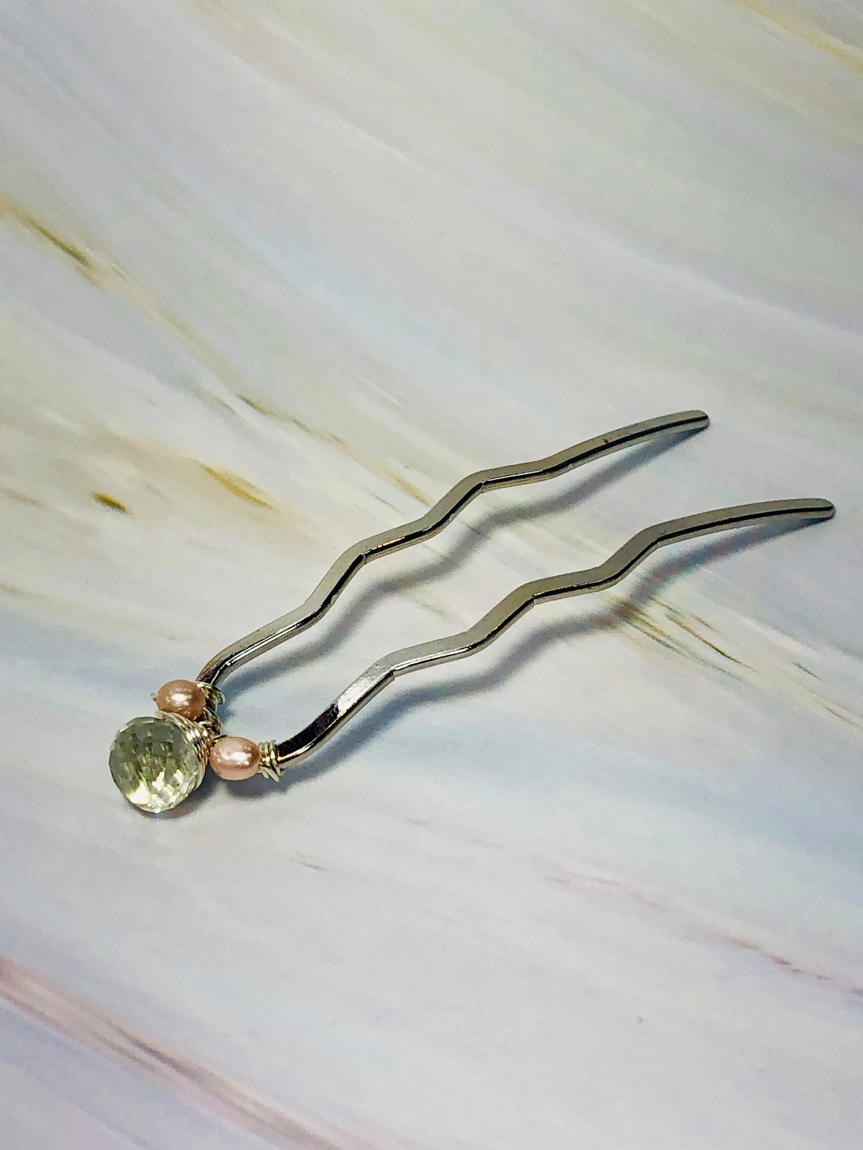 Green Amethyst and Pearl Hair Pin, Prasiolite Luxury Hair Pin