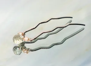 Green Amethyst and Pearl Hair Pin, Prasiolite Luxury Hair Pin