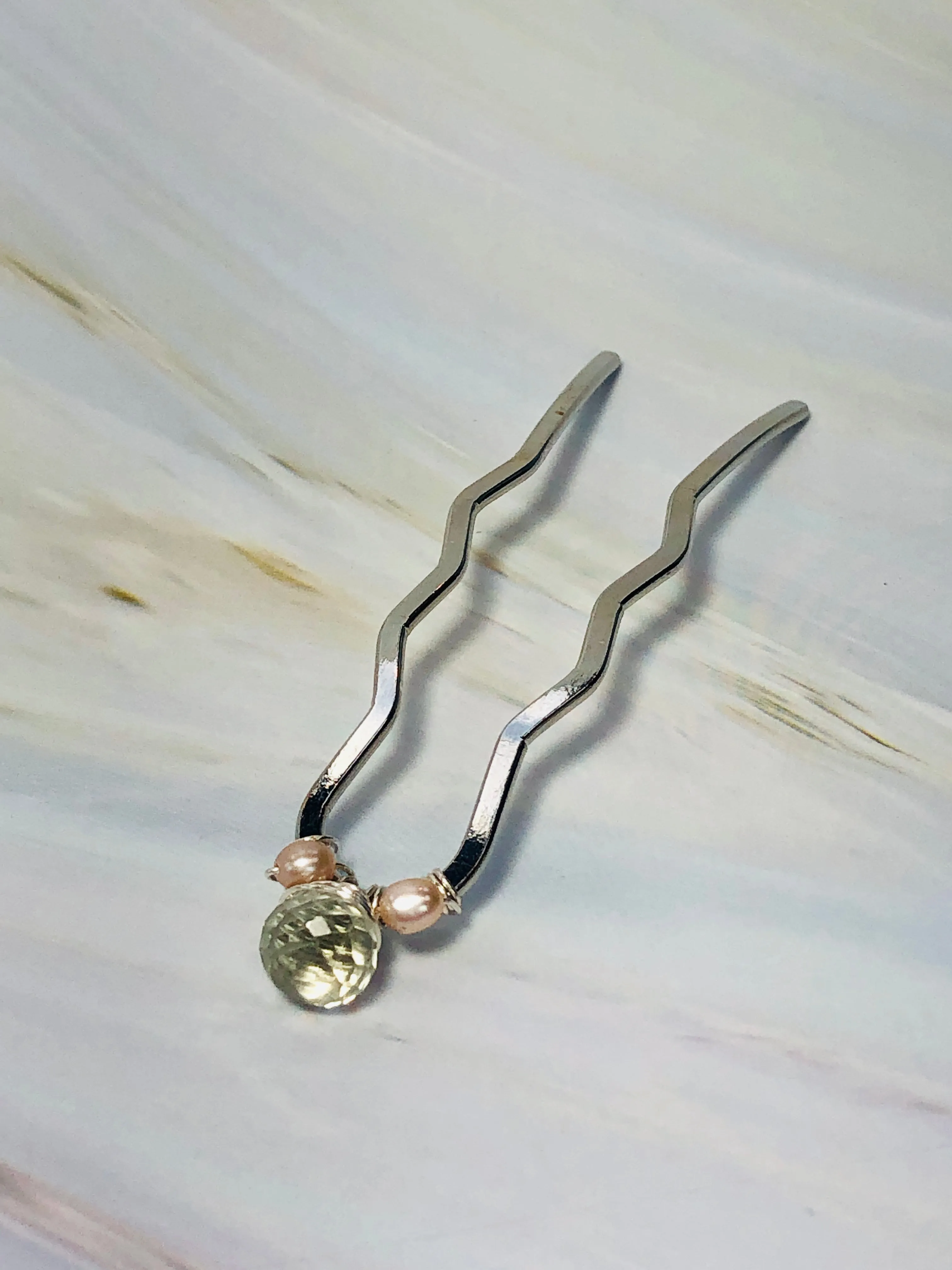 Green Amethyst and Pearl Hair Pin, Prasiolite Luxury Hair Pin