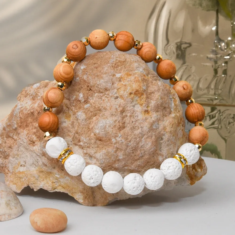 Grounding Boho Bracelet Stack, Lava Stone, Selenite, Howlite, Wood