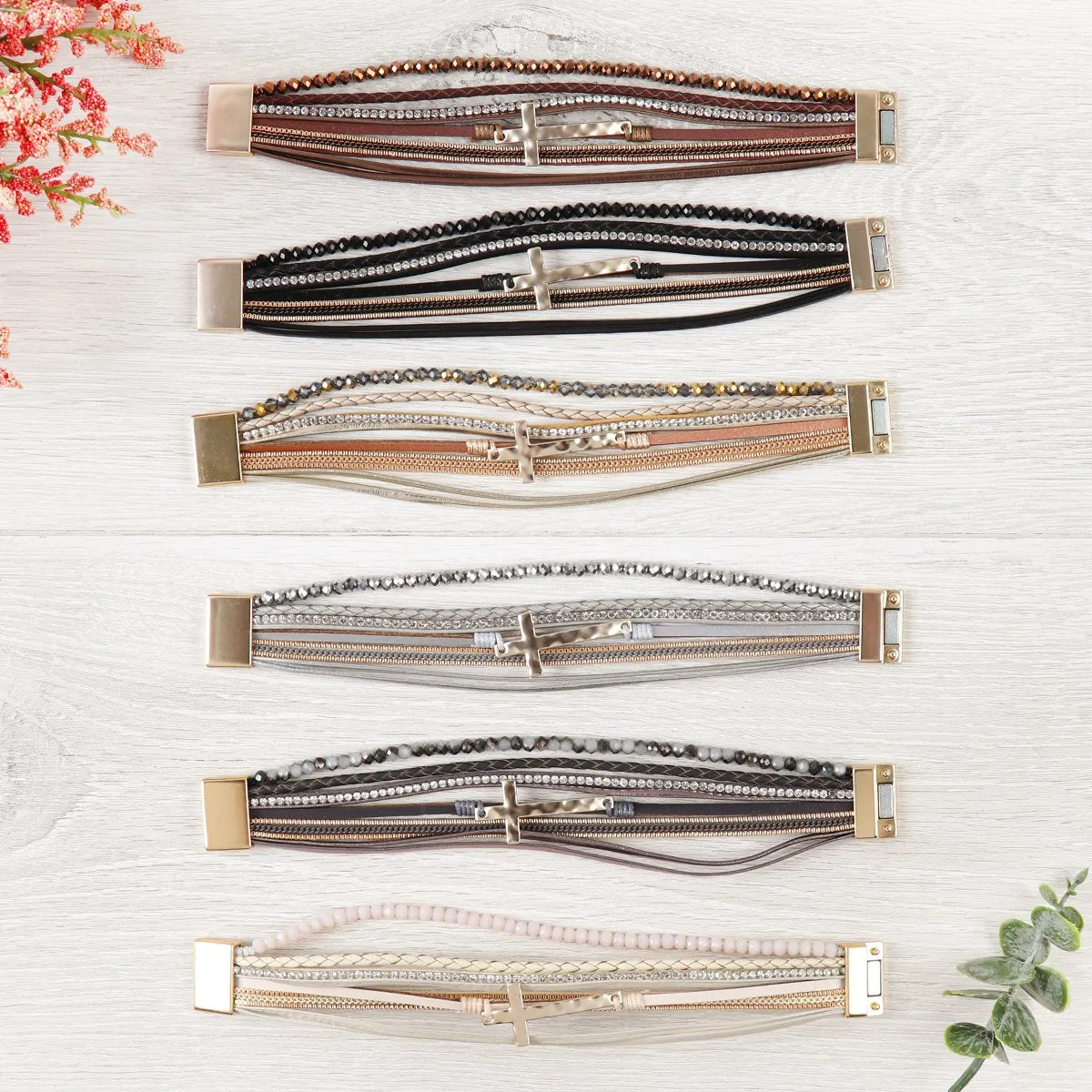 Hdb2976 - Cross Leather Wrap Glass Beads Magnetic Bracelet