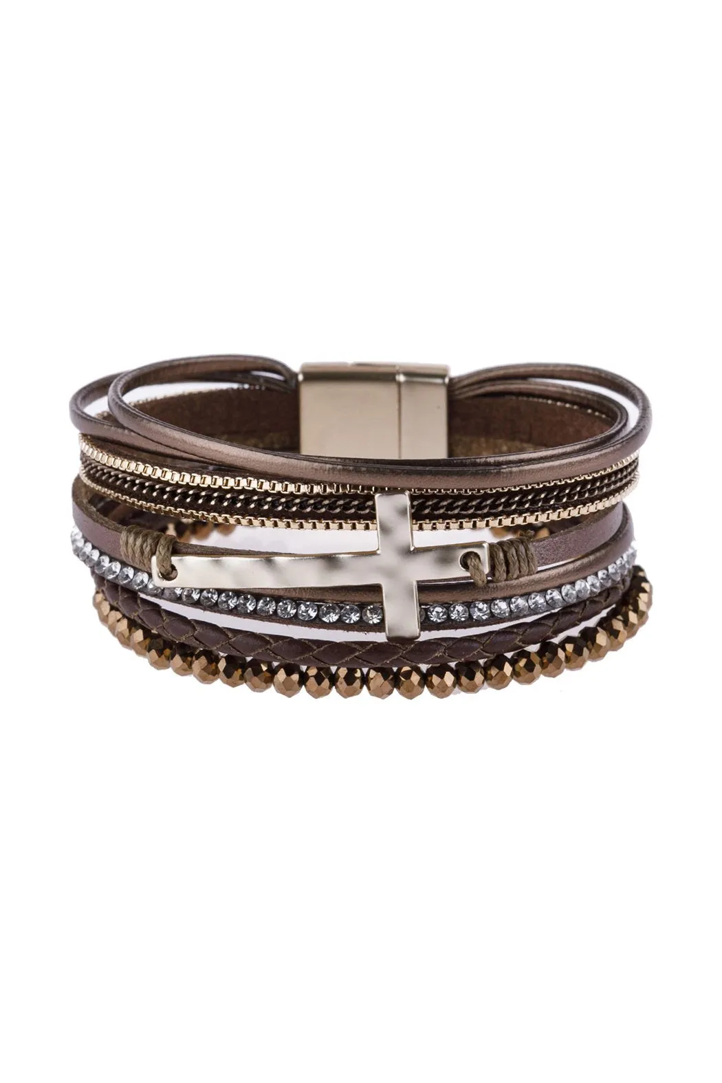 Hdb2976 - Cross Leather Wrap Glass Beads Magnetic Bracelet