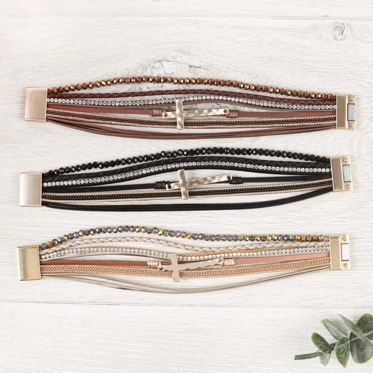 Hdb2976 - Cross Leather Wrap Glass Beads Magnetic Bracelet