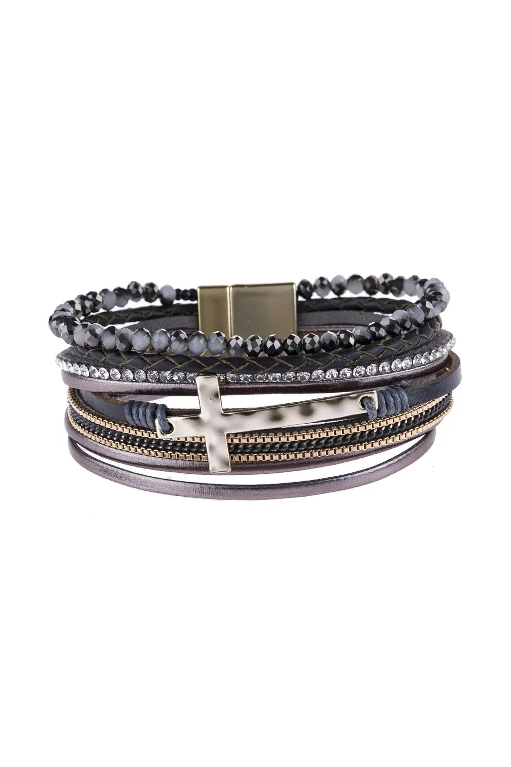 Hdb2976 - Cross Leather Wrap Glass Beads Magnetic Bracelet