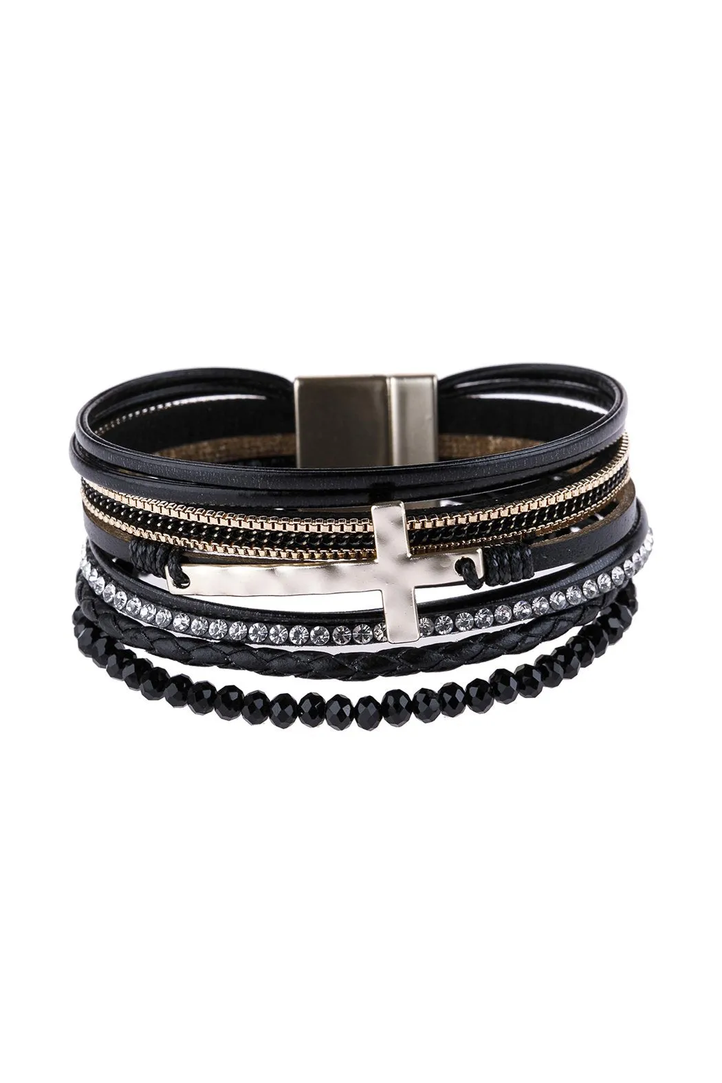 Hdb2976 - Cross Leather Wrap Glass Beads Magnetic Bracelet