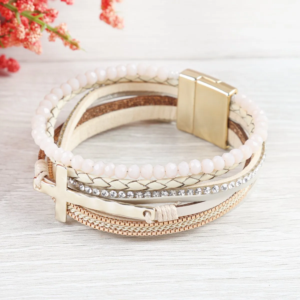 Hdb2976 - Cross Leather Wrap Glass Beads Magnetic Bracelet