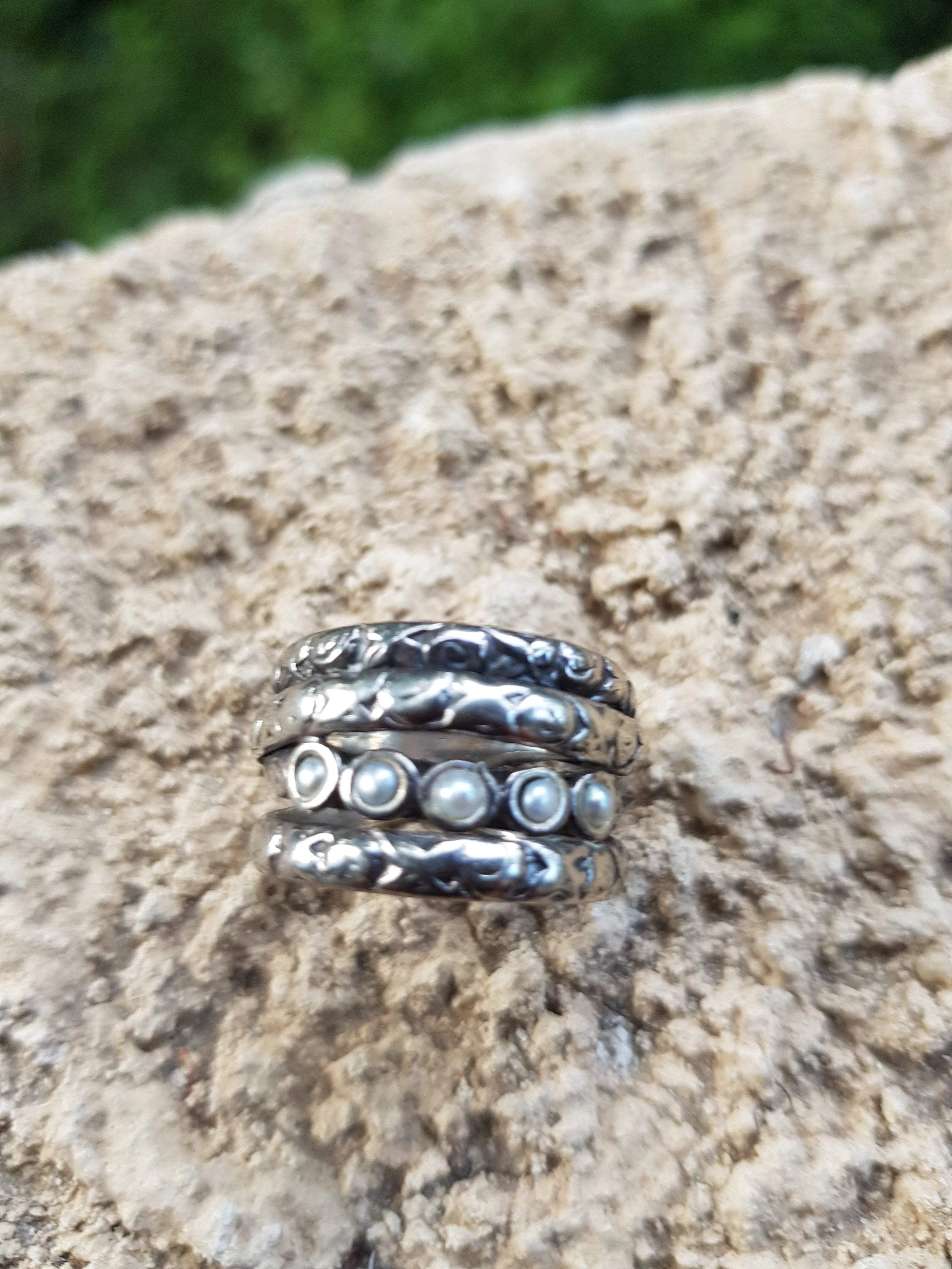 Hippie ring, Bohemian ring, Sterling silver ring , ring with pearls.