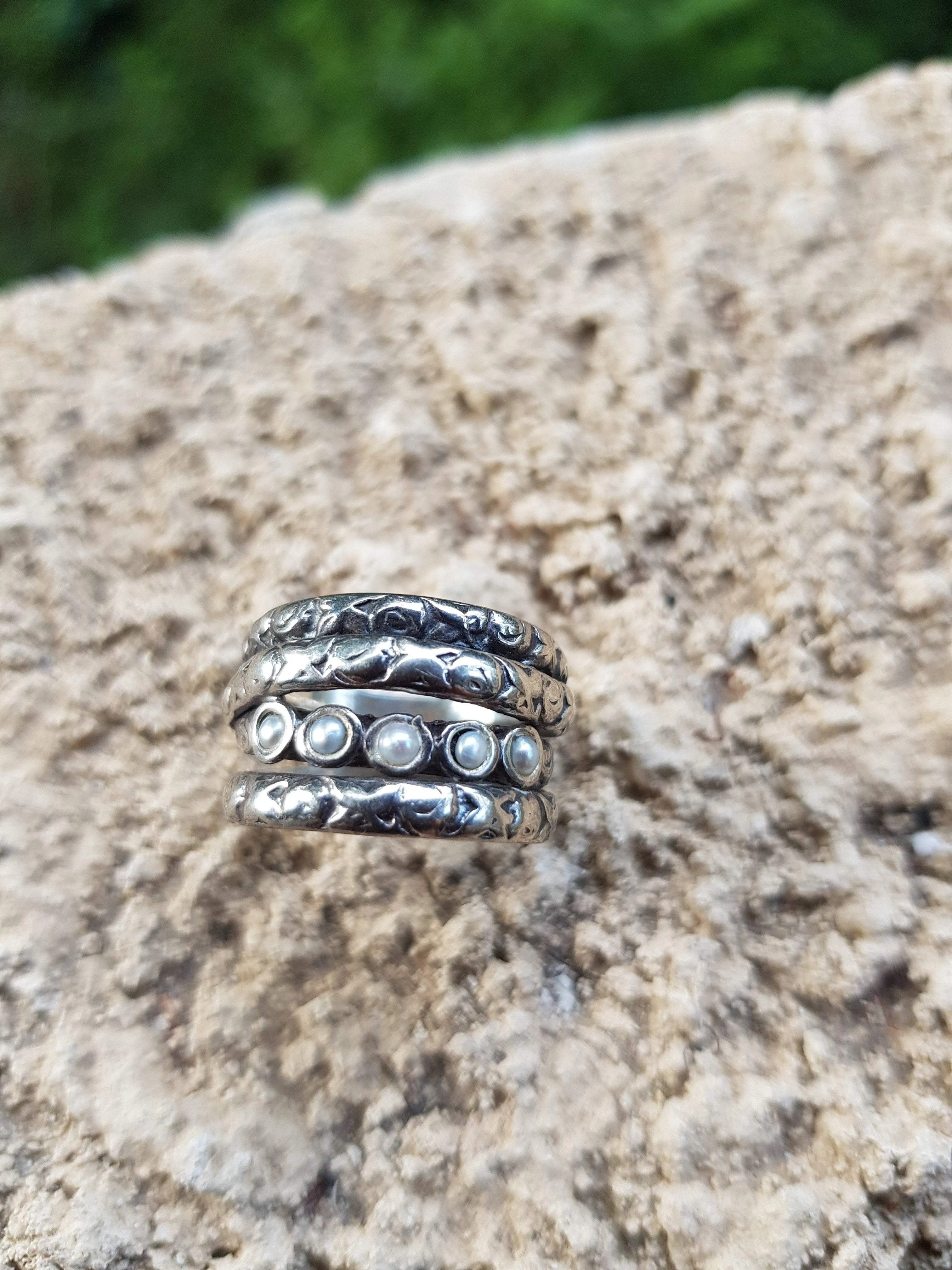 Hippie ring, Bohemian ring, Sterling silver ring , ring with pearls.