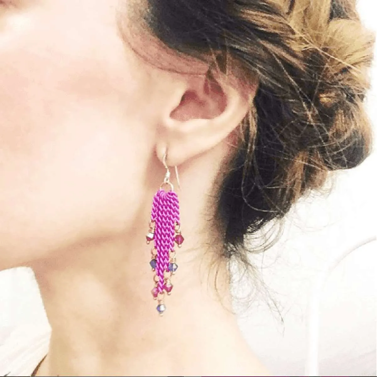 Hot Pink Tassel Chain Crystal Earrings