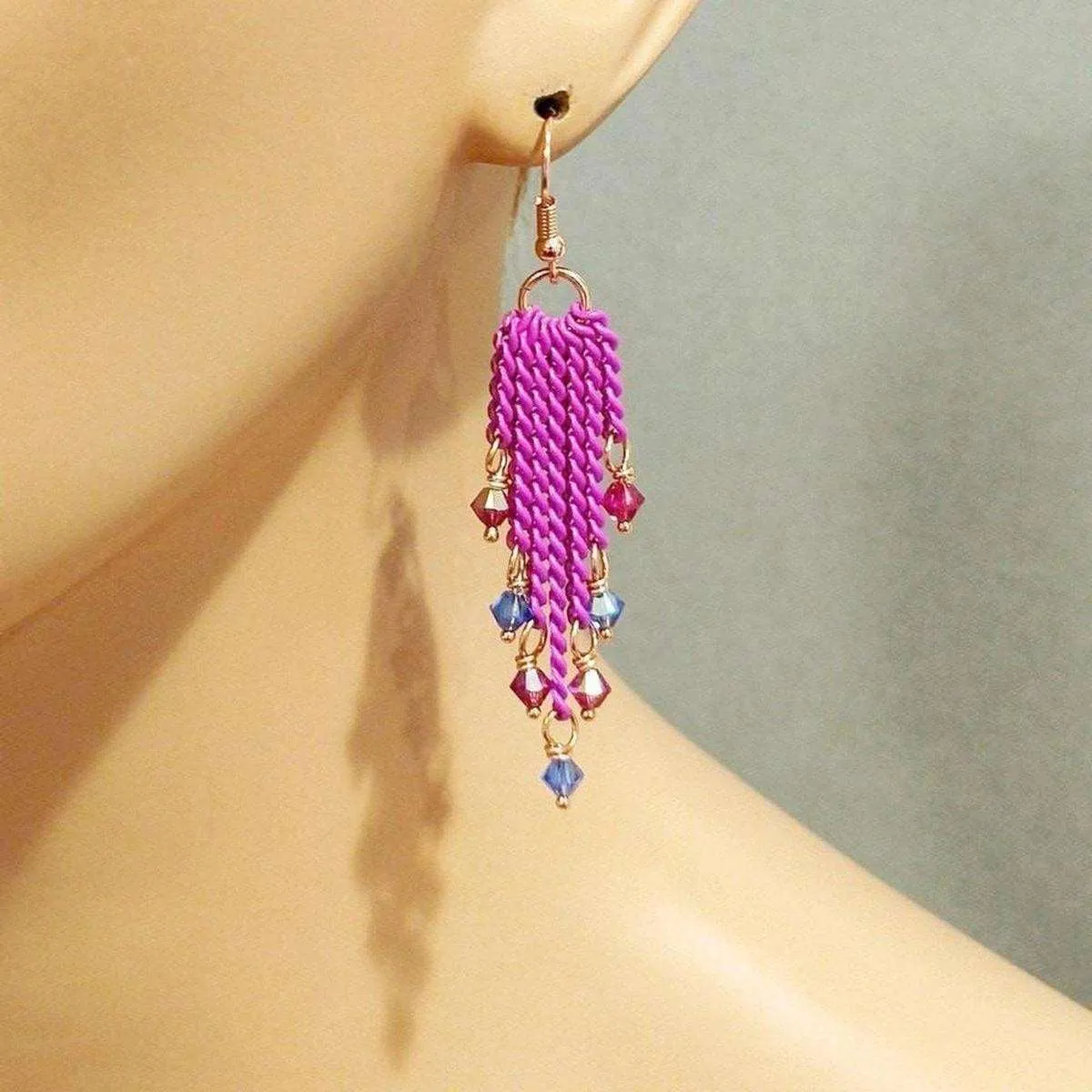 Hot Pink Tassel Chain Crystal Earrings