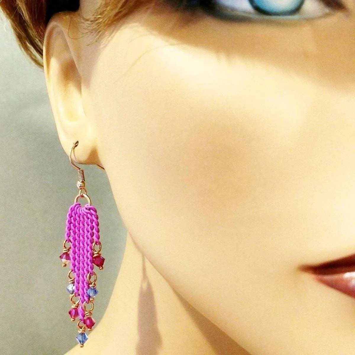 Hot Pink Tassel Chain Crystal Earrings