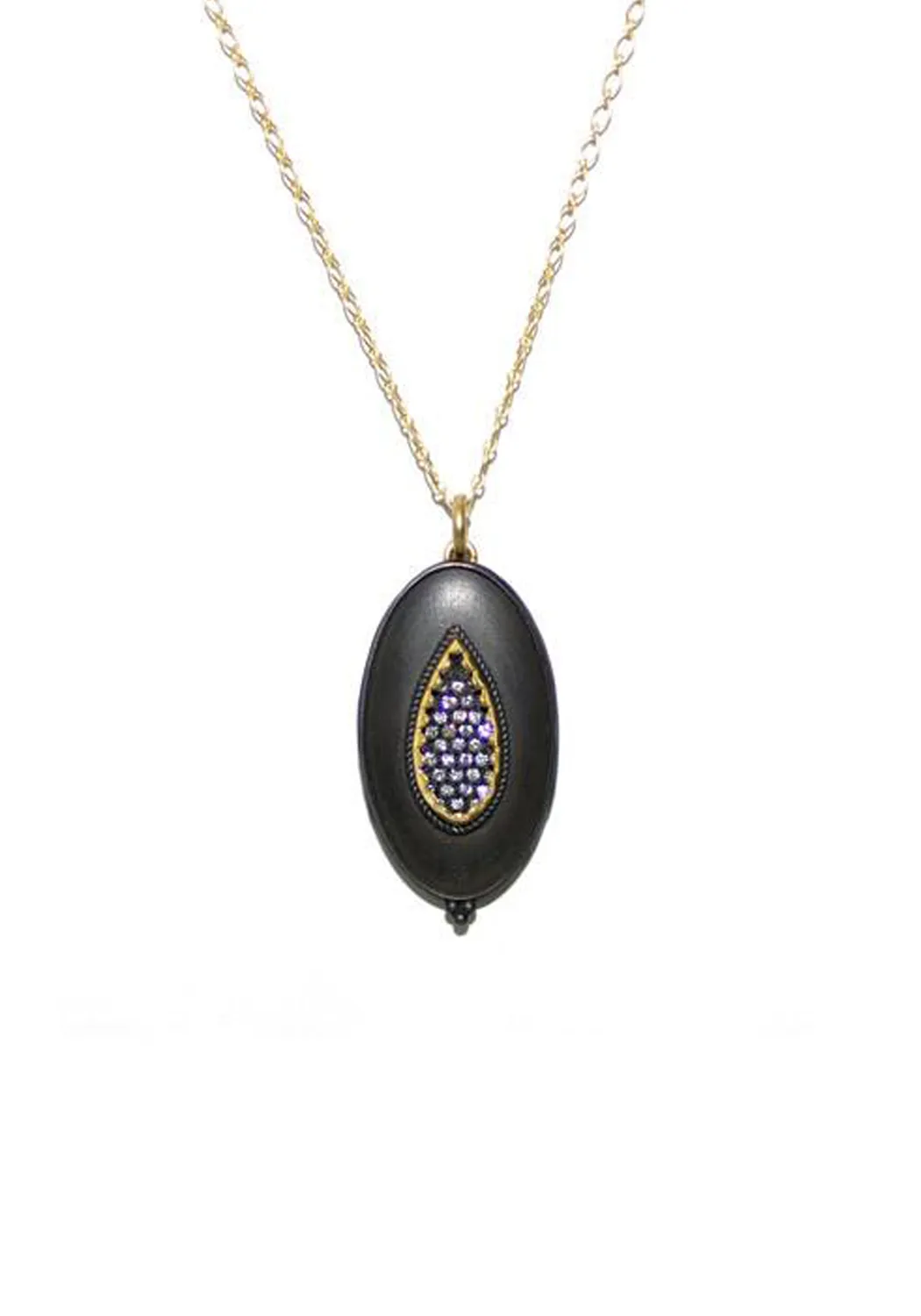 ILA Paris 14KYG  Blackened Silver Diamond Oval Locket Necklace