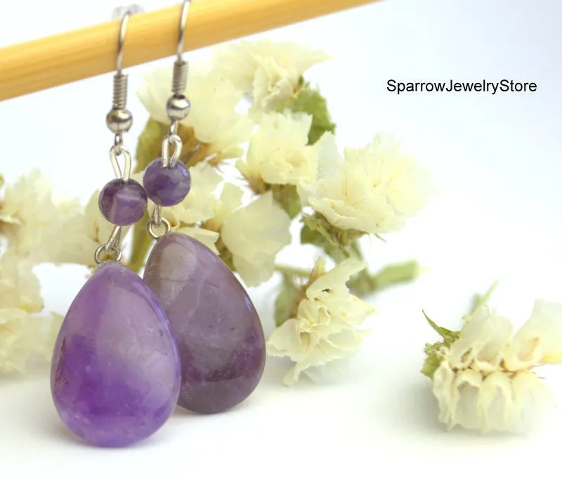 Large lavender amethyst earrings Purple stone dangle earrings Teardrop amethyst earrings Christmas present idea Personalized Gifts for her