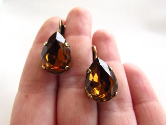 Large Teardrop Brown Topaz Crystal Earrings