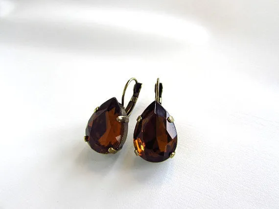 Large Teardrop Brown Topaz Crystal Earrings