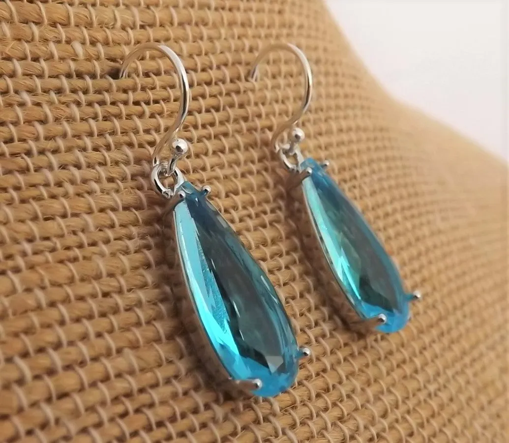 Light Blue Faceted Crystal Drop Earrings on Sterling Silver Hooks