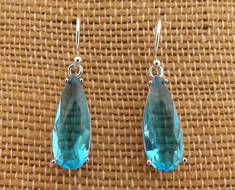 Light Blue Faceted Crystal Drop Earrings on Sterling Silver Hooks