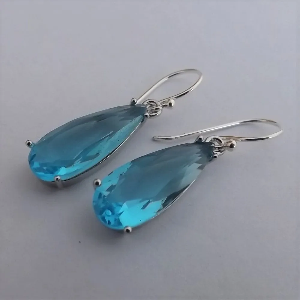 Light Blue Faceted Crystal Drop Earrings on Sterling Silver Hooks