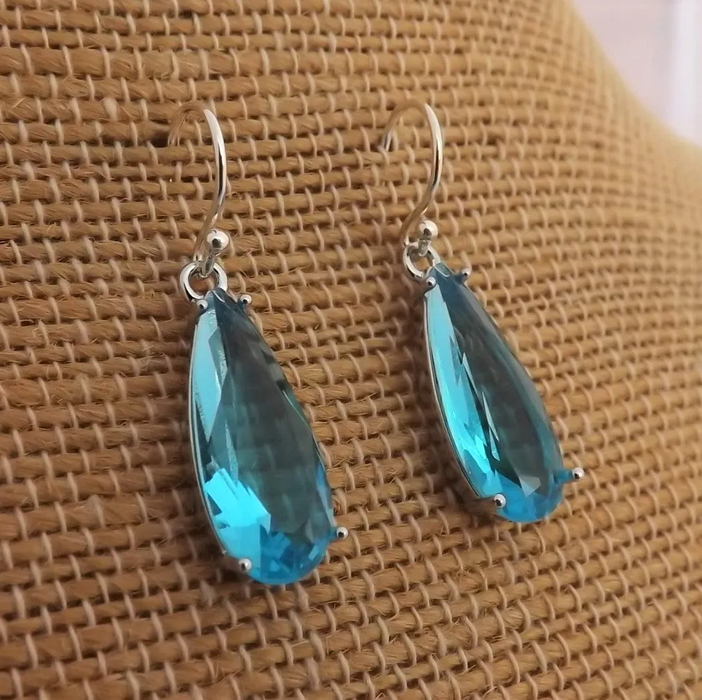 Light Blue Faceted Crystal Drop Earrings on Sterling Silver Hooks