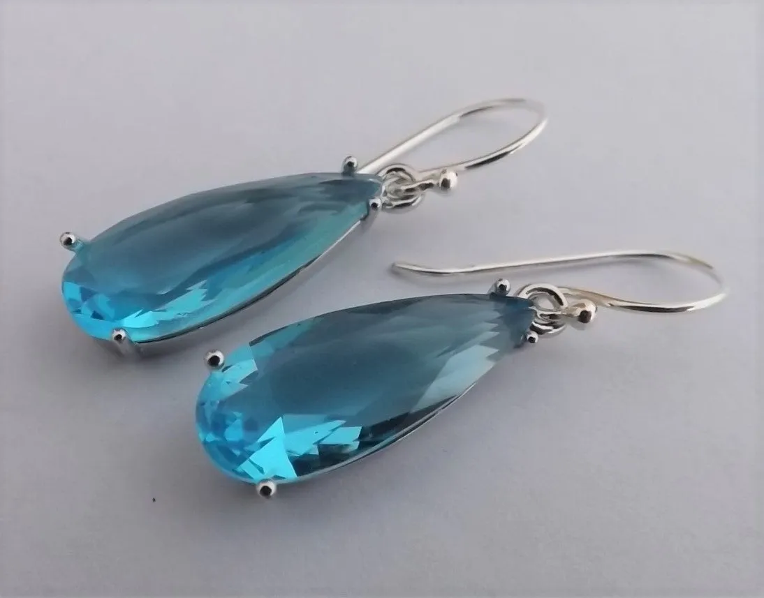 Light Blue Faceted Crystal Drop Earrings on Sterling Silver Hooks