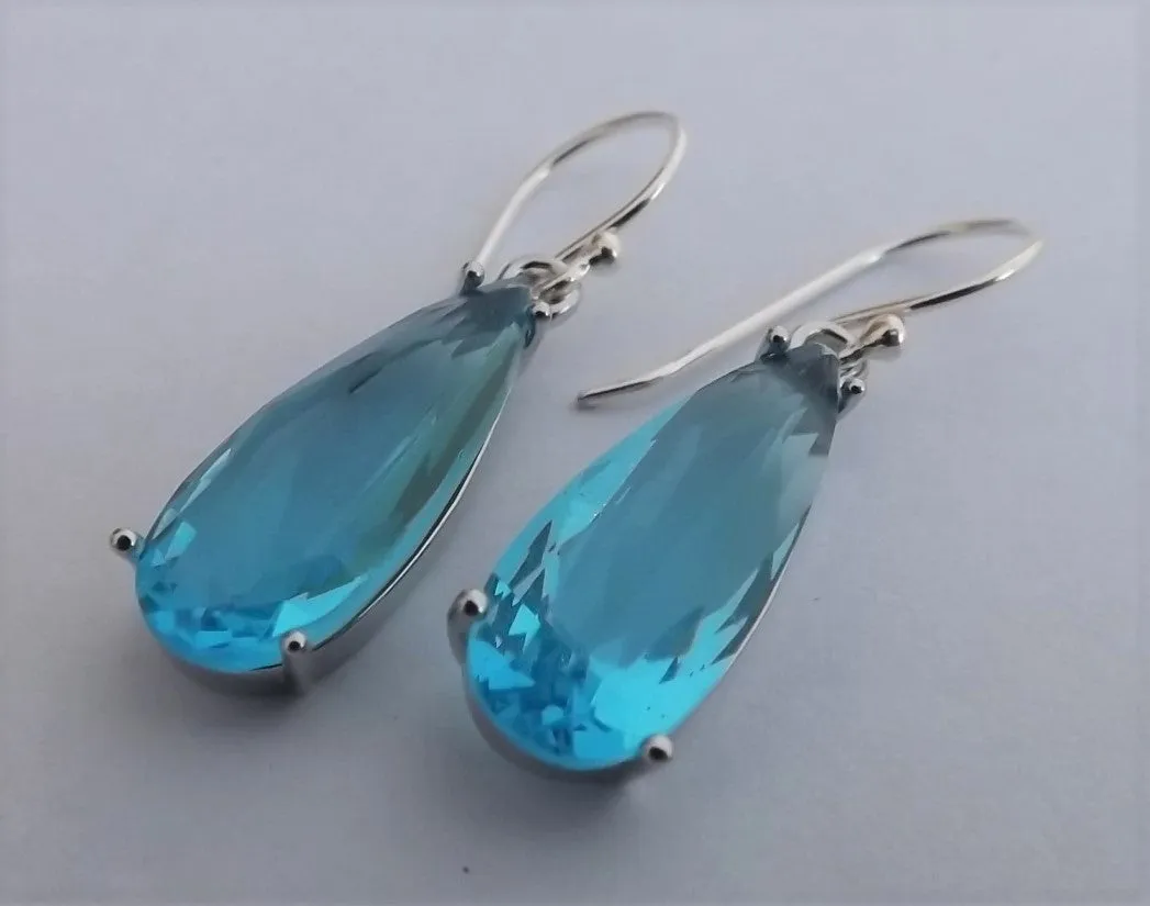 Light Blue Faceted Crystal Drop Earrings on Sterling Silver Hooks