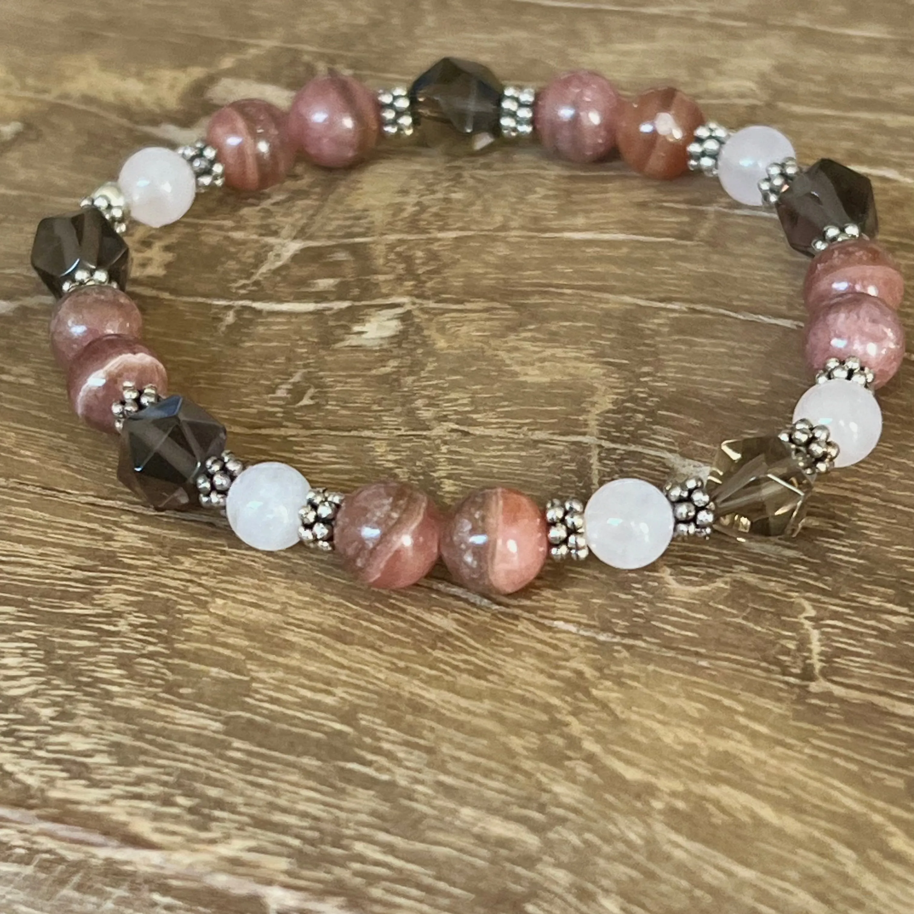 Love is All Around You: Rhodochrosite, Rose Quartz, Smoky Quartz, Silver Beaded Bracelet