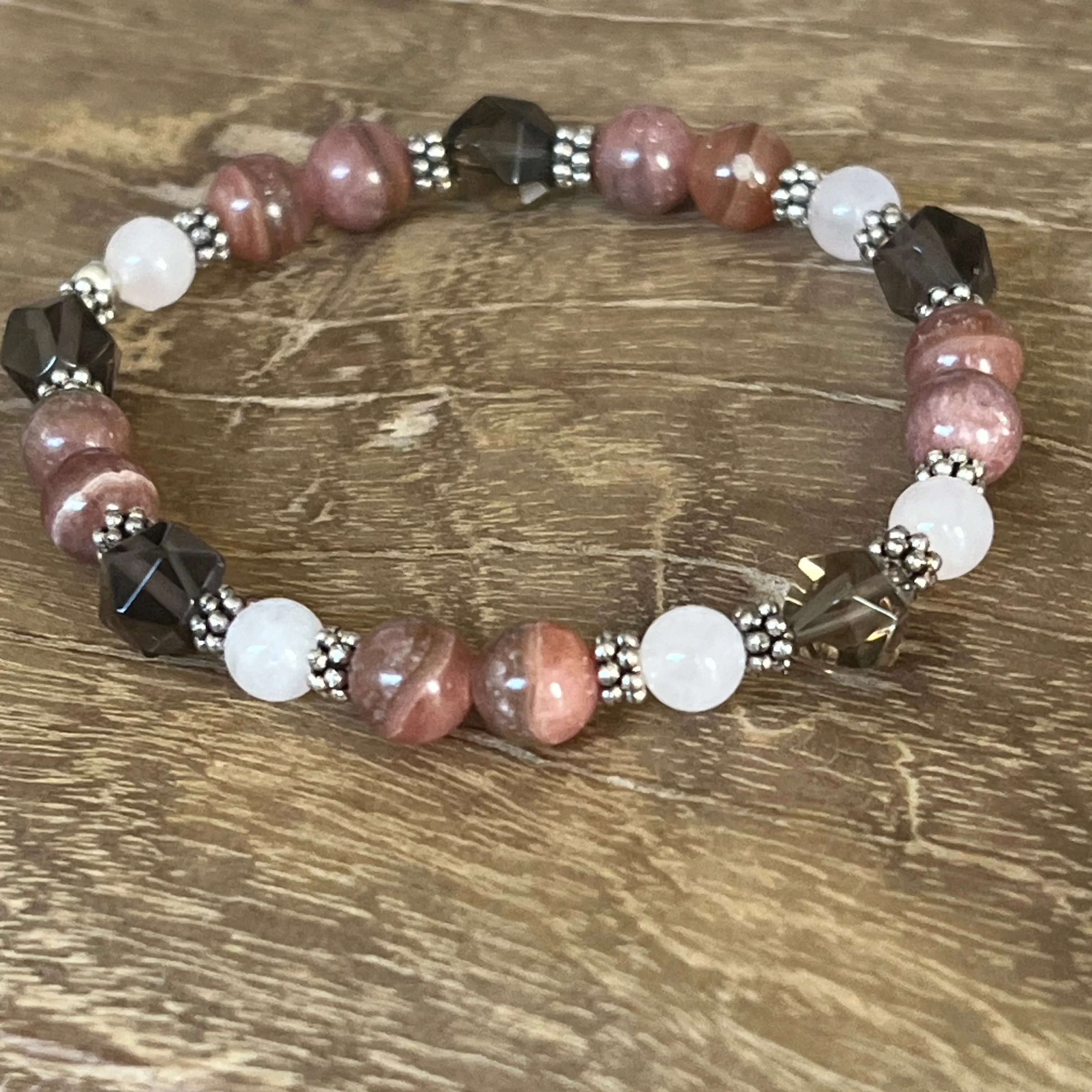 Love is All Around You: Rhodochrosite, Rose Quartz, Smoky Quartz, Silver Beaded Bracelet